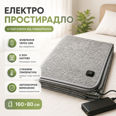 Фото Електропростирадло з підігрівом від повербанка USB 160&times;80 см, 5 зон нагріву, 3 режими температури Сірий 160&times;80 см