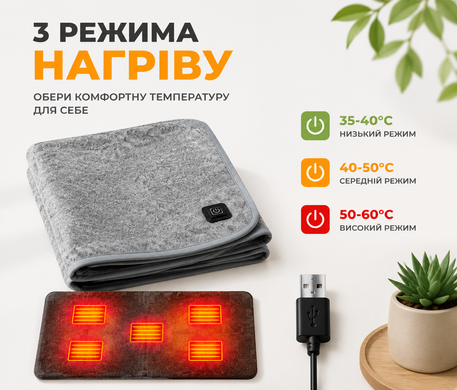Фото Електропростирадло з підігрівом від повербанка USB 160&times;80 см, 5 зон нагріву, 3 режими температури Сірий 160&times;80 см