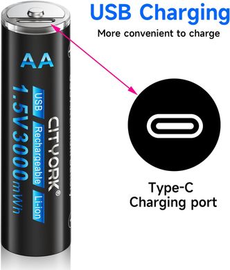 Фото Перезаряжаемый литийионный аккумулятор CITYORK AA USB Type-C 1,5В AA 3000 mAh CITYORK