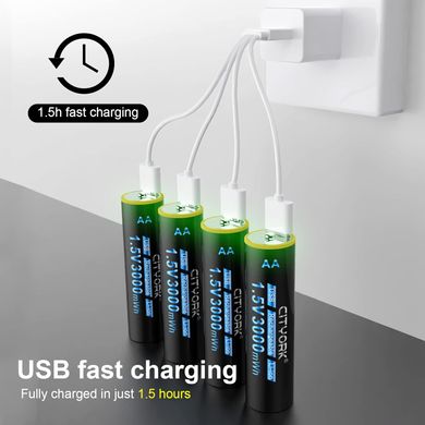 Фото Перезаряжаемый литийионный аккумулятор CITYORK AA USB Type-C 1,5В AA 3000 mAh CITYORK