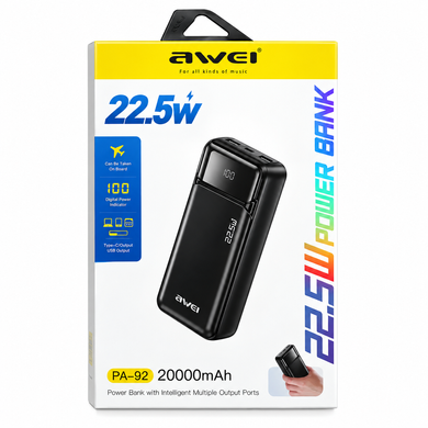 Фото Повербанк 20000 мАч с быстрой зарядкой 22.5W и дисплеем AWEI PA-92 Power Bank PA-92